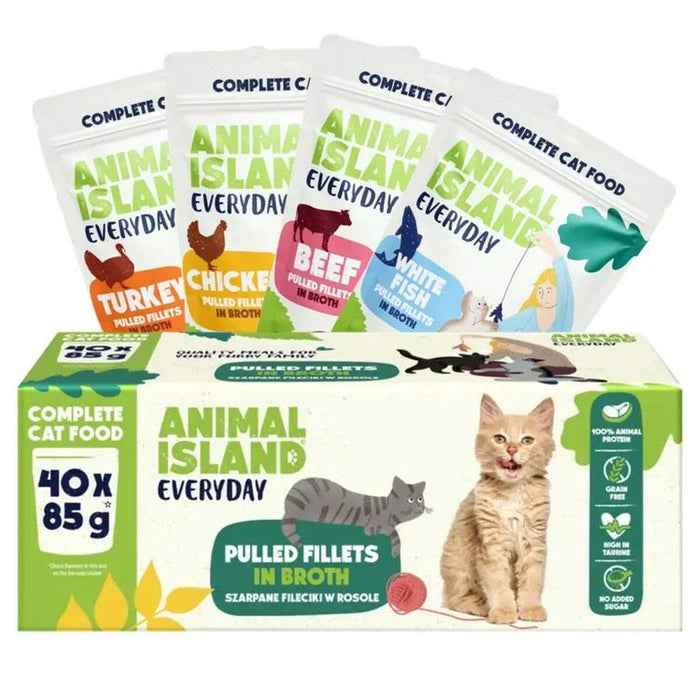 Cat food ANIMAL ISLAND Everyday Beef, chicken, turkey and white fish fillets in broth 40 x 85 g